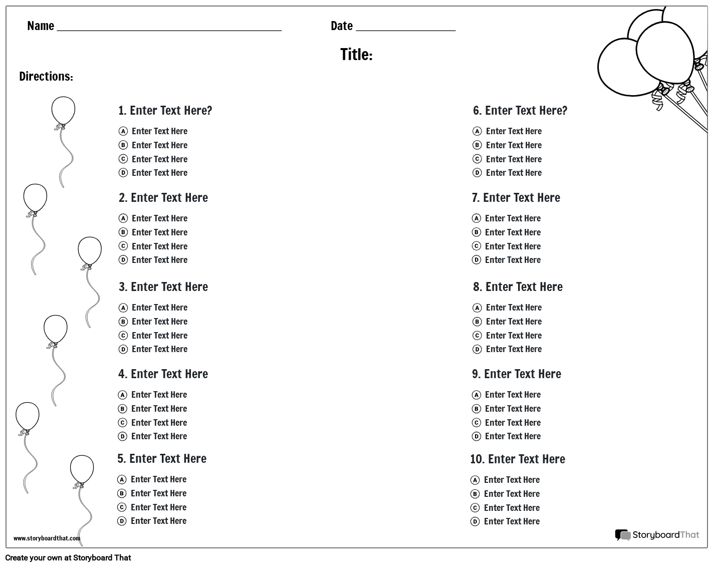 Storyboard That Multiple Choice Worksheet Templates