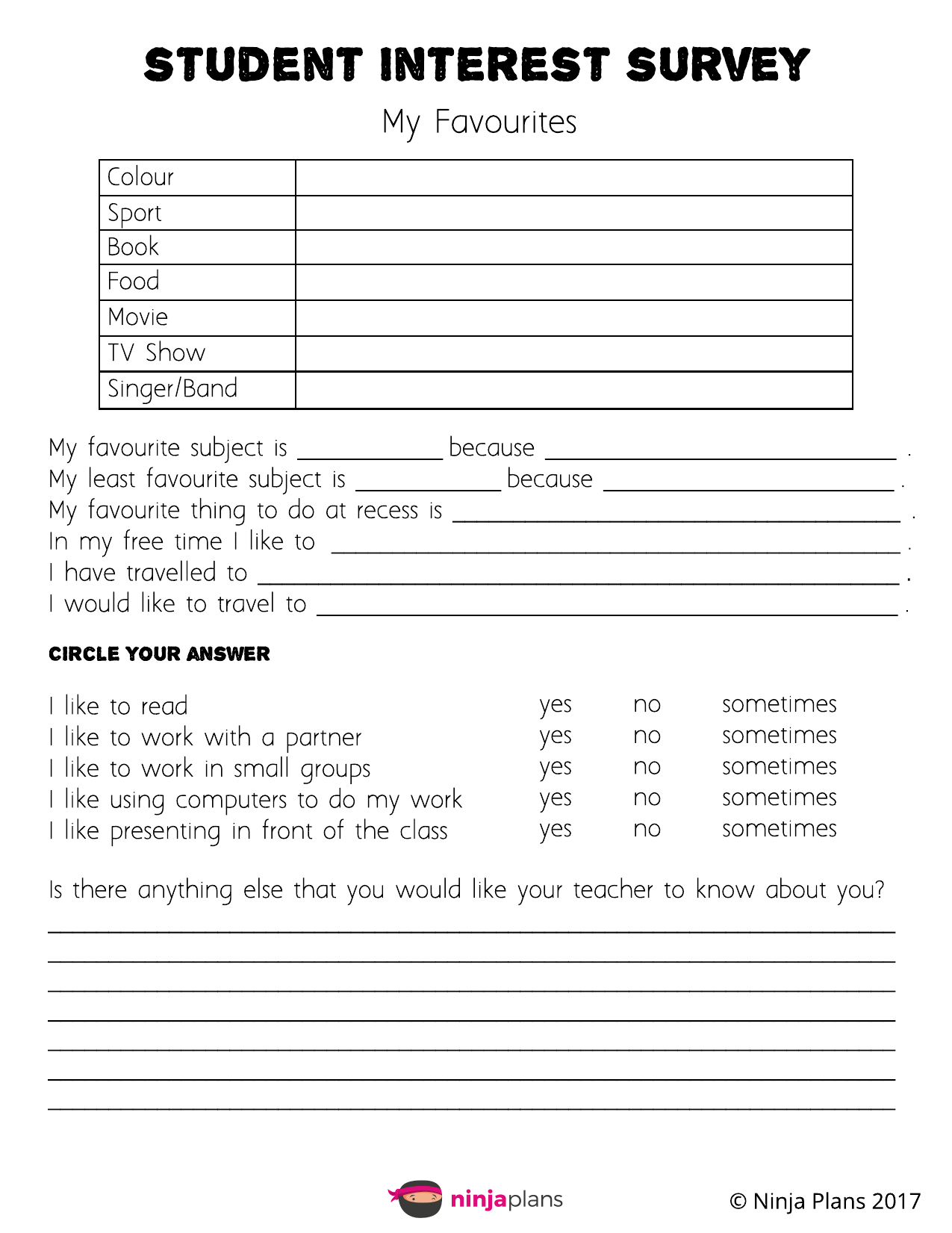Student Interest Survey By Ninjaplans Ninja Plans
