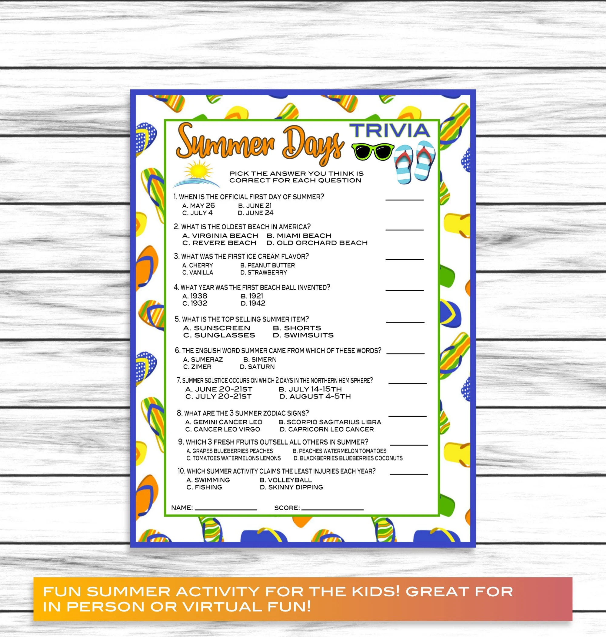 Summer Trivia Game Party Game Family Reunion Party Game Summer Gathering Printable Game Summer Favors Decor Instant Download Etsy