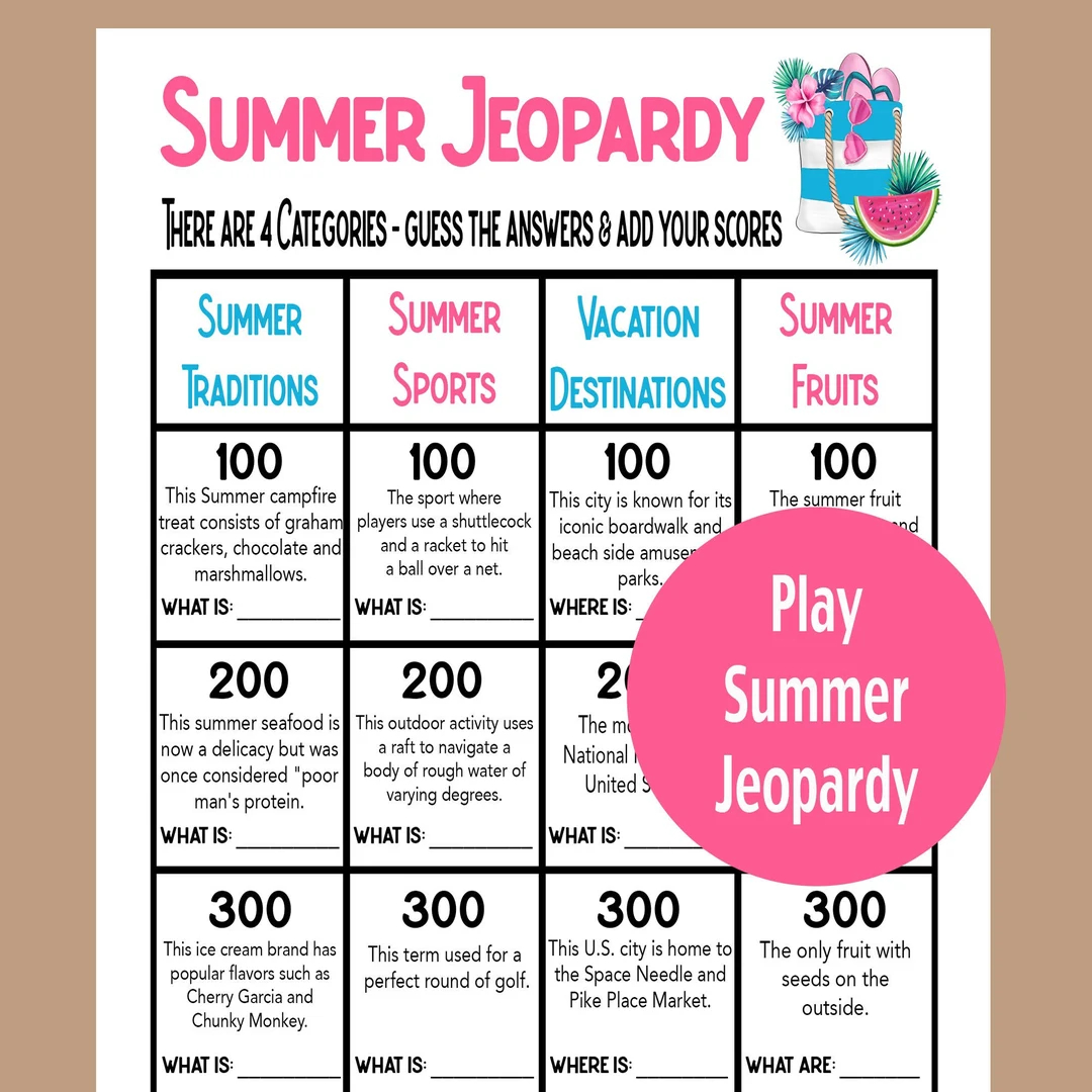 Summer Trivia Game Summer Jeopardy Summer Seniors Game Summer School Game Summer Icebreaker Fun Summer Activity Family Summer Game Etsy