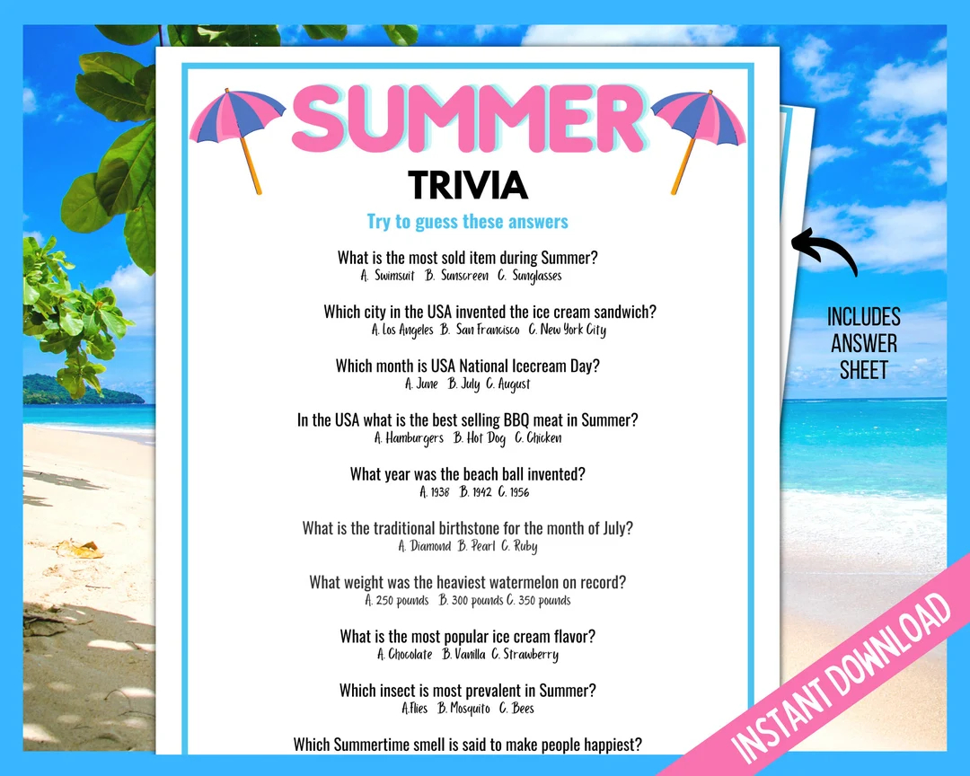 Summer Trivia Game Summer Trivia Quiz Summer Games Summer Printable Games Summer Party Games Summer Family Quiz Printable Etsy UK
