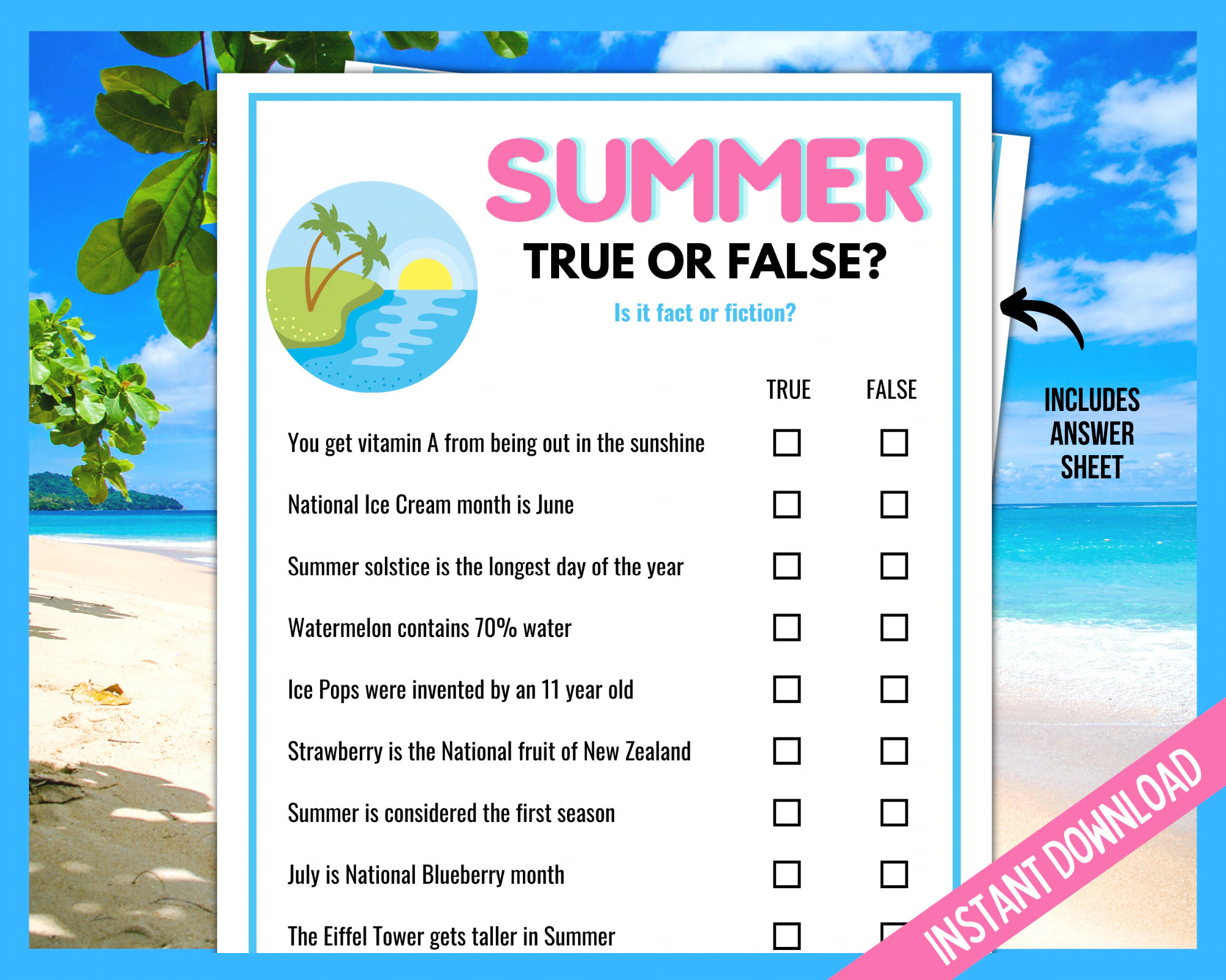 Summer Trivia Game Summer True Or False Summer Fact Or Fiction Game Summer Printable Games Summer Party Games Summer Family Quiz Print Etsy