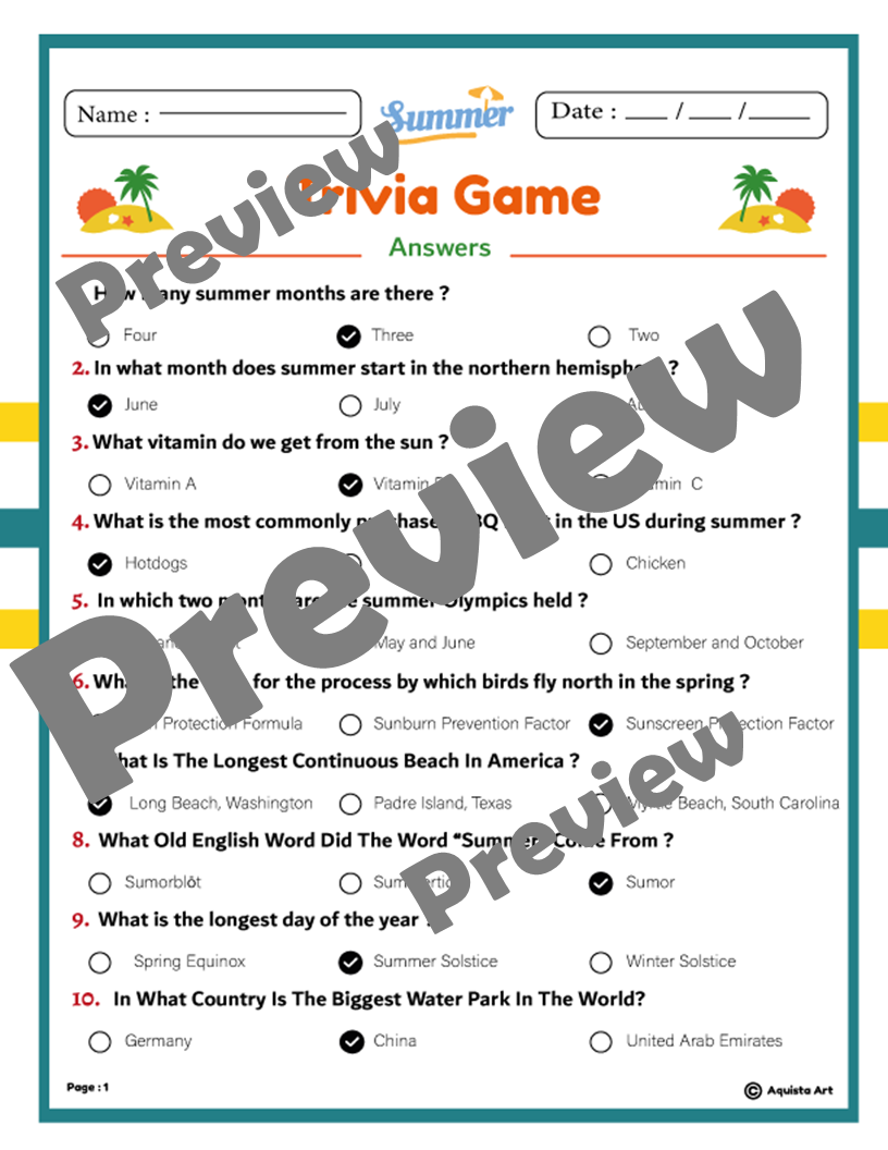 Summer Trivia Game Test Your Students Knowledge Of The Sunny Season Made By Teachers
