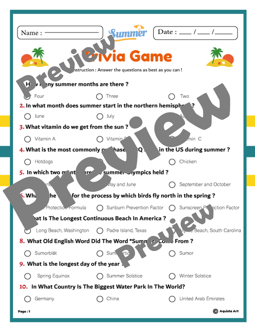 Summer Trivia Game Test Your Students Knowledge Of The Sunny Season Made By Teachers