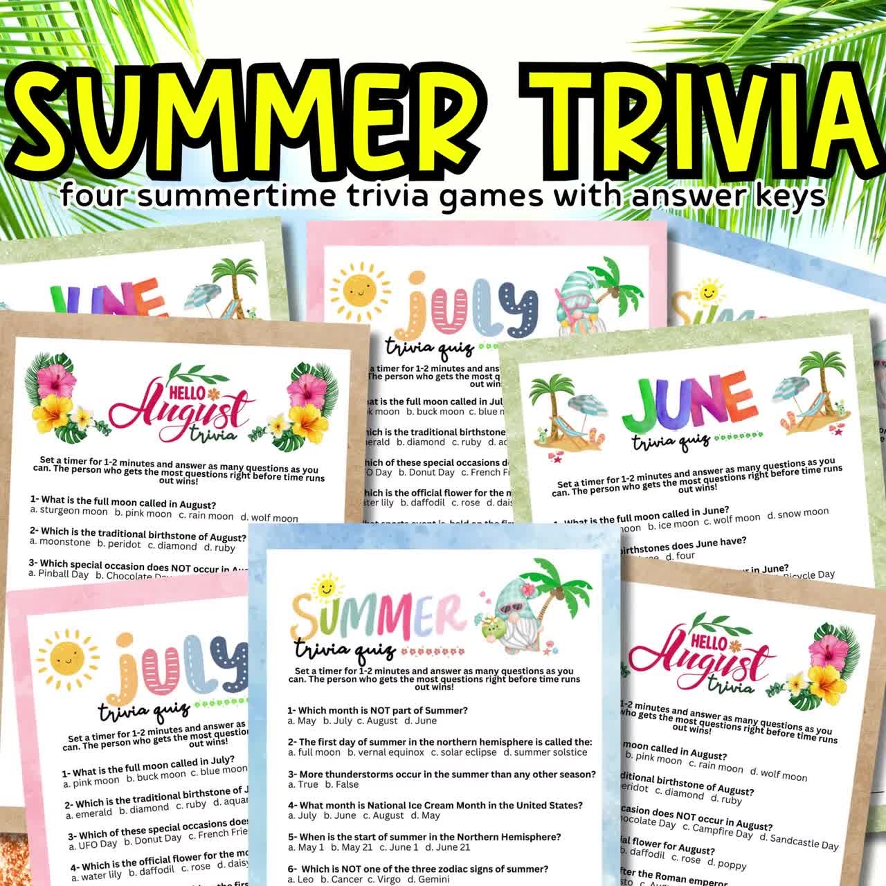 Summer Trivia Printable Multiple Choice Summertime Game For Kids And Adults Pool Beach Party Activity In June July Or August Hot Months Etsy