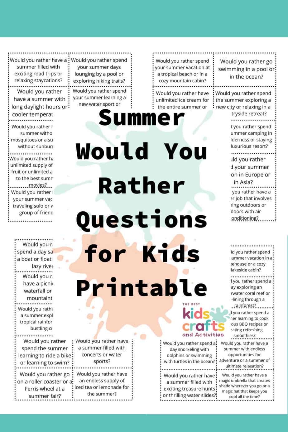 Summer Would You Rather Questions For Kids FREE Printable