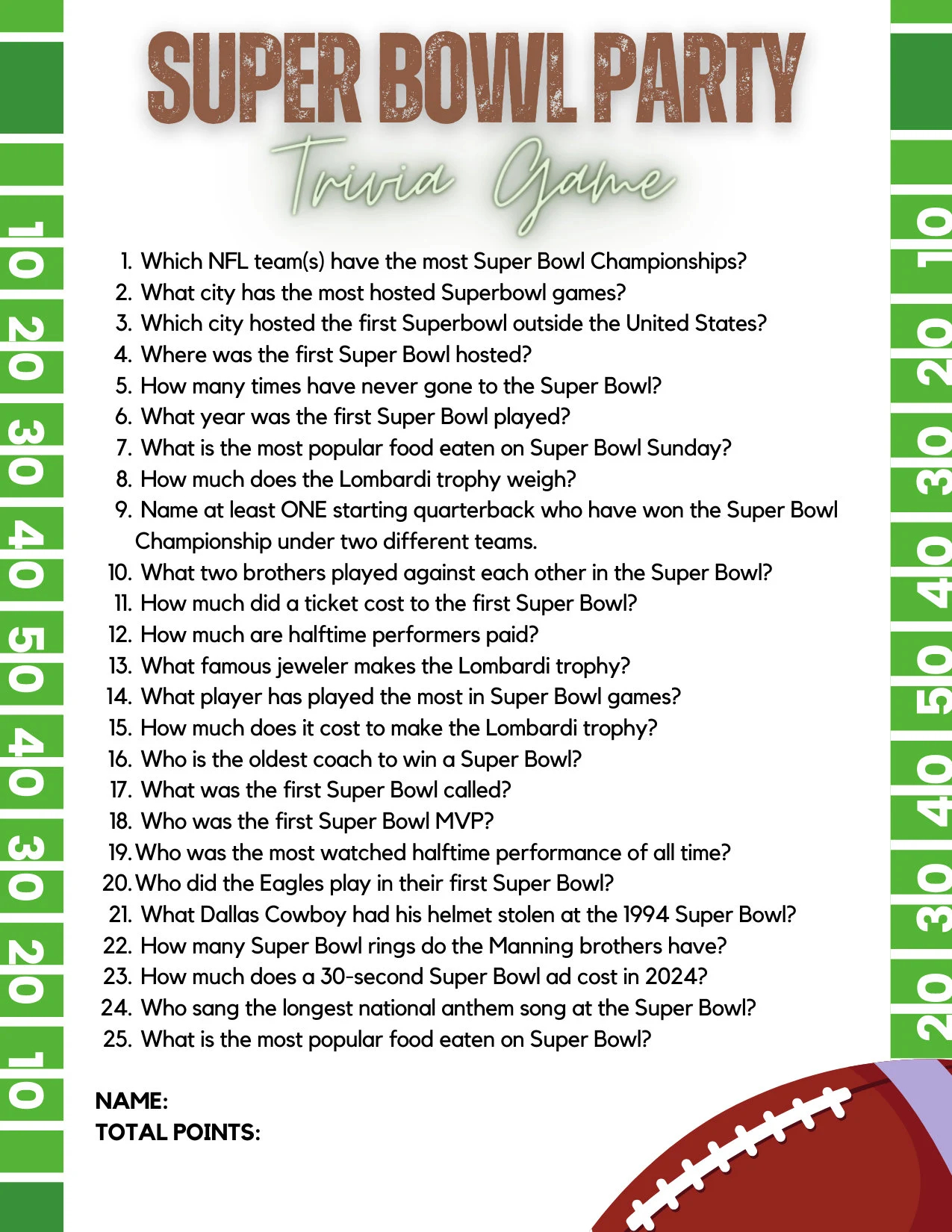 Super Bowl Trivia Game Football Trivia Trivia Game Sports Download And Easy To Print 8 5x11 PDF Etsy