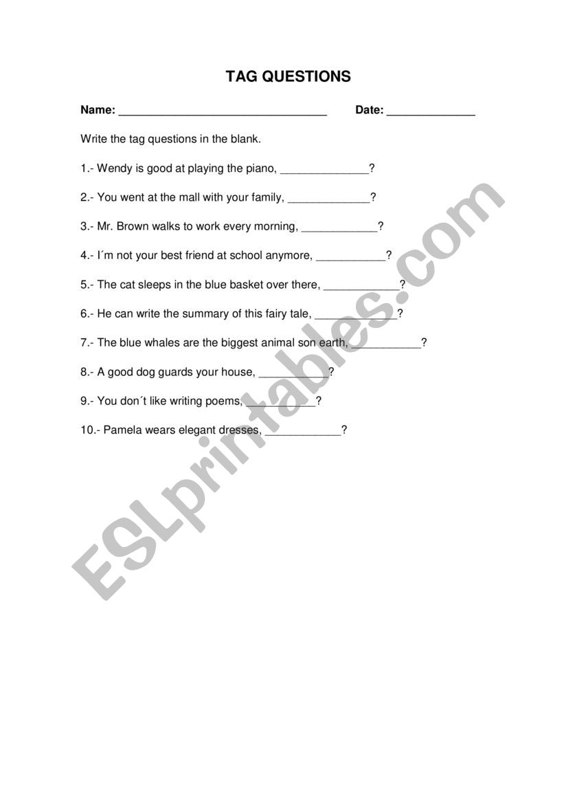 TAG QUESTIONS ESL Worksheet By Rick0661