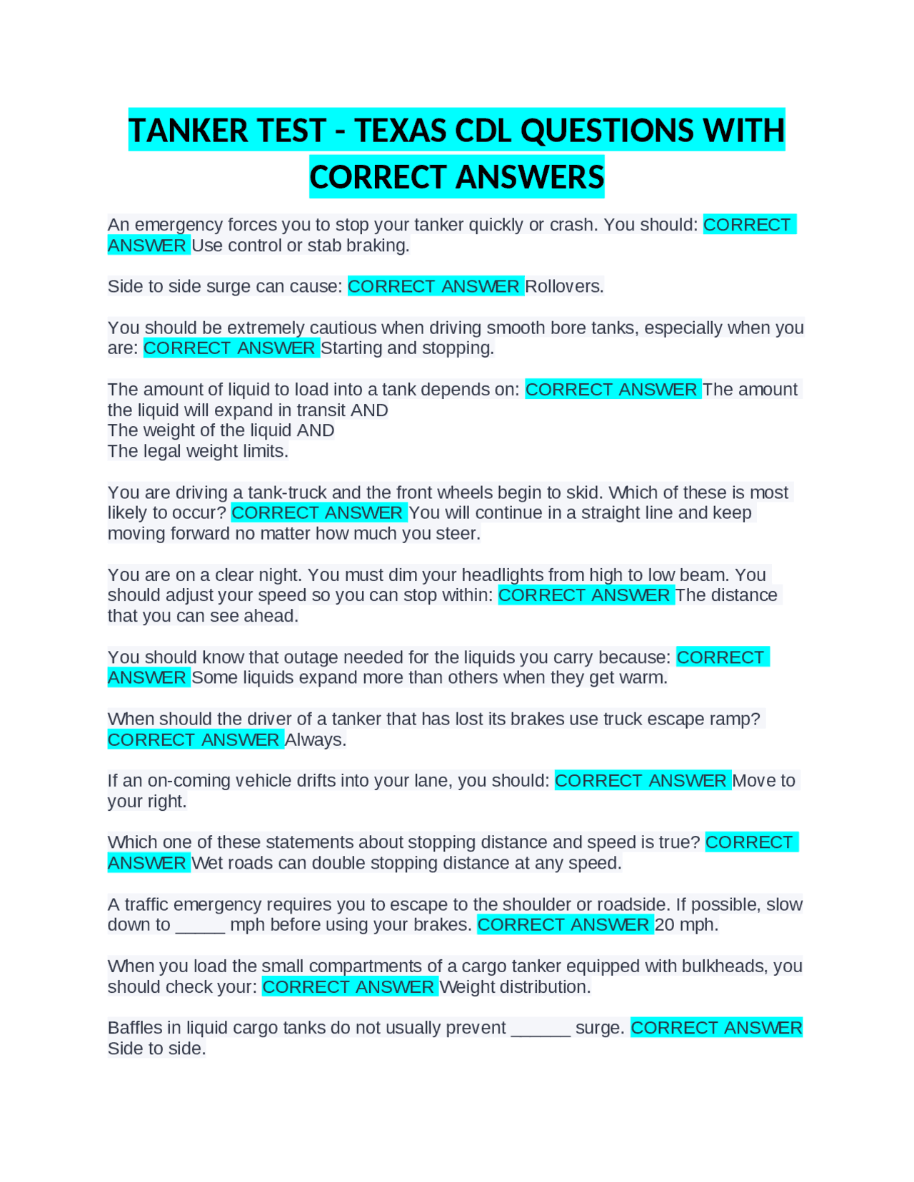 Tanker Driving Safety Texas CDL Questions And Answers Exams Nursing Docsity