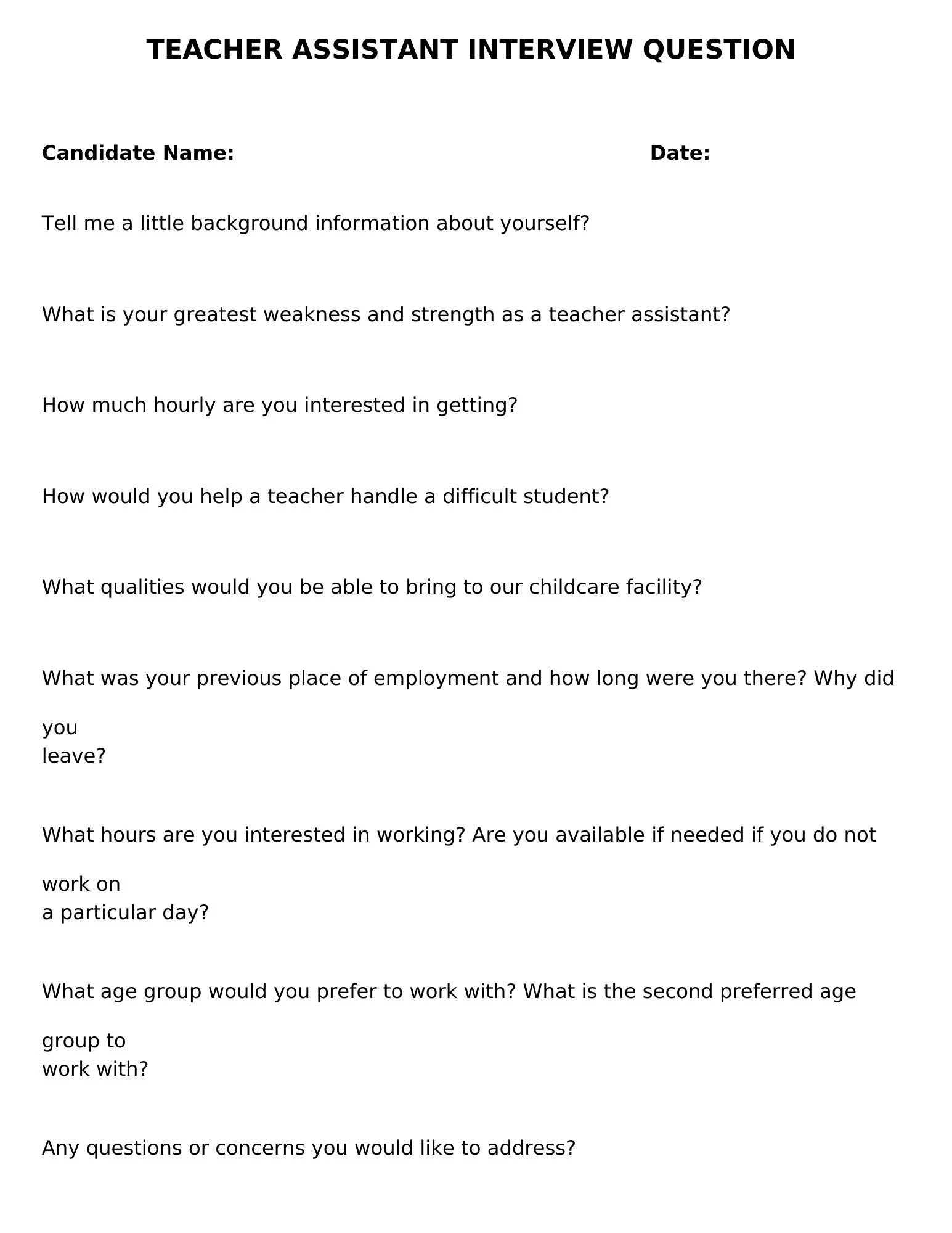 Teacher Assistant Interview Questions Childcare Daycare Interview Questions Etsy