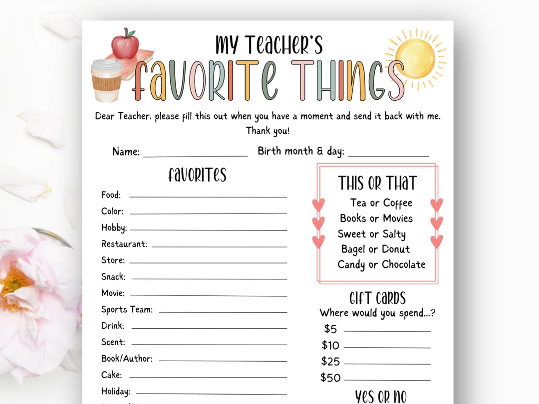Teacher Favorite Things Questionnaire Printable Teacher Survey Template Teacher Appreciation Get To Know Teacher All About My Teacher Etsy