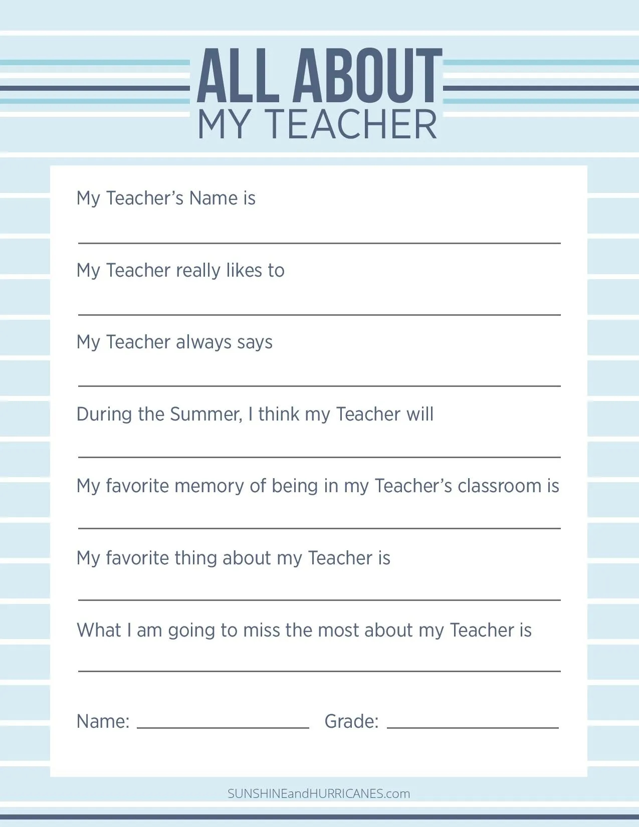 Teacher Questionnaire For Gifts Printable Printable Party Favors