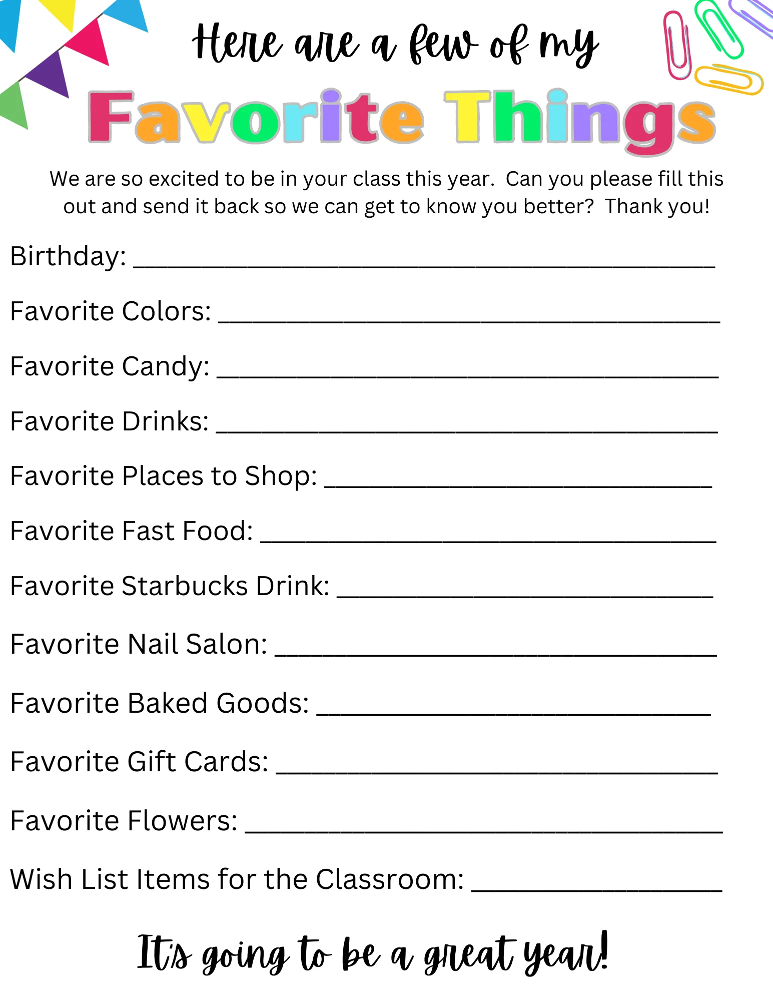 Teachers Favorite Things Form This Teacher Favorite Things Survey Is A Great Tool For Parents Teachers Favorite Things Worksheet For Adults PDF Free Download