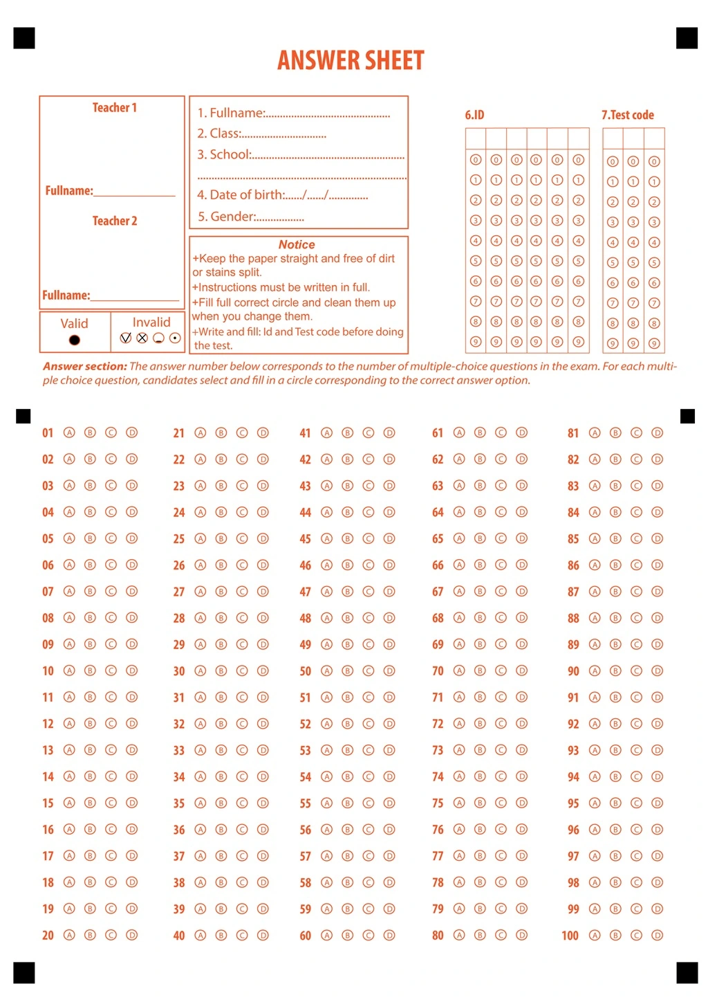 TestSheetReader Test Answer Sheet Semplates