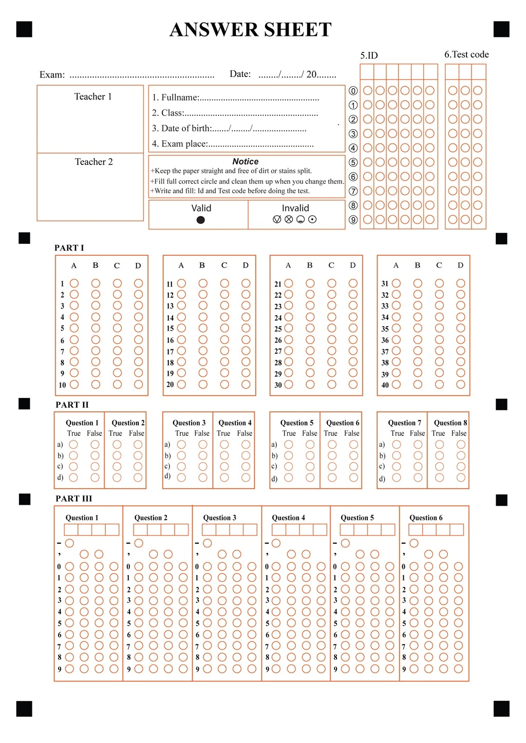 Multiple Choice Answer Sheet Printable