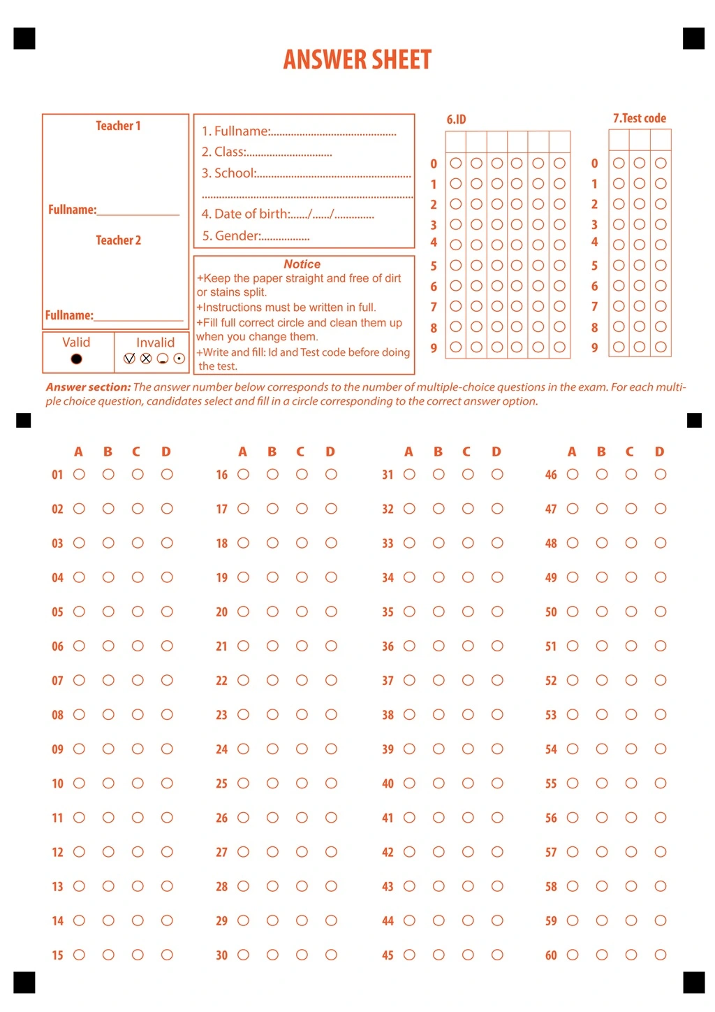 TestSheetReader Test Answer Sheet Semplates