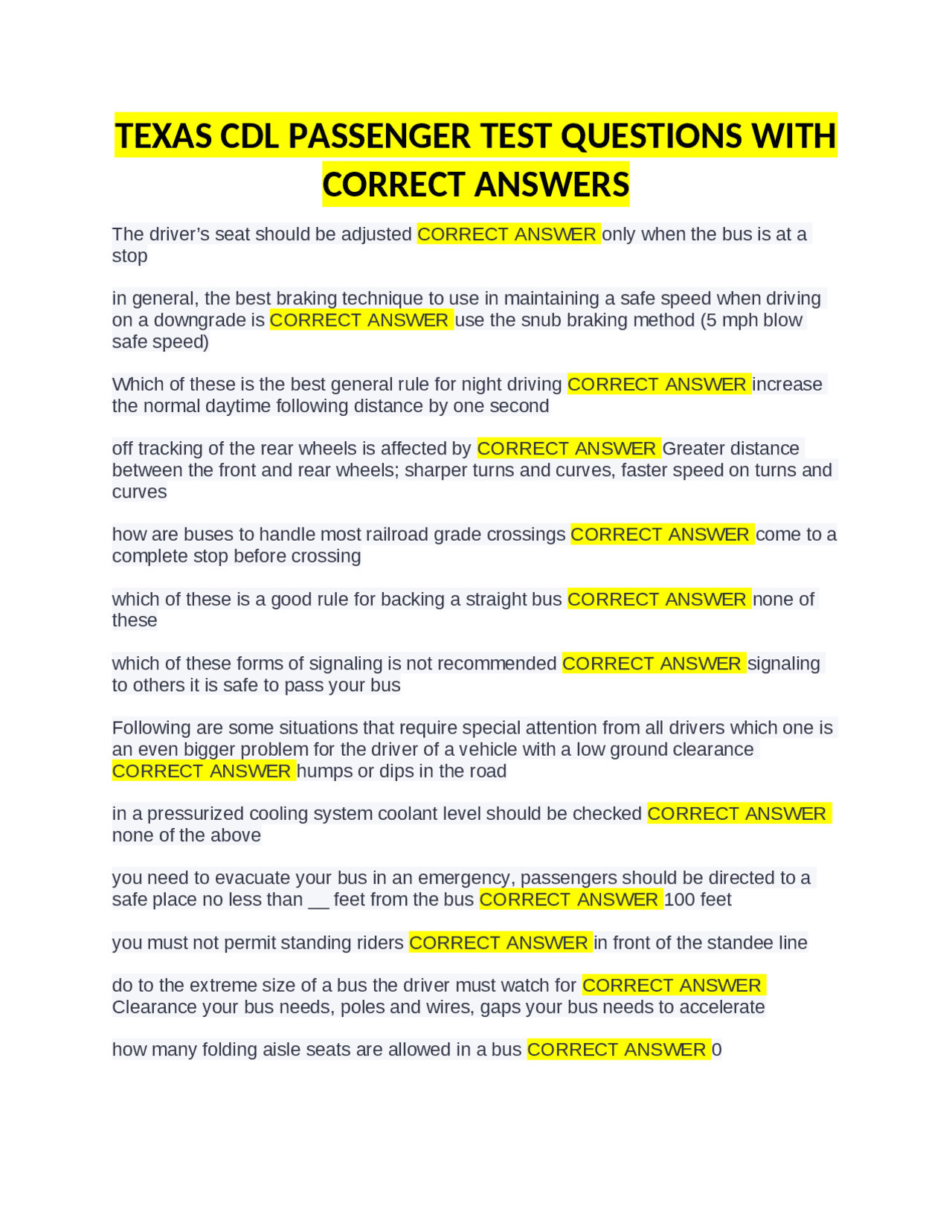 Printable CDL Passemger Practice Test with Answers