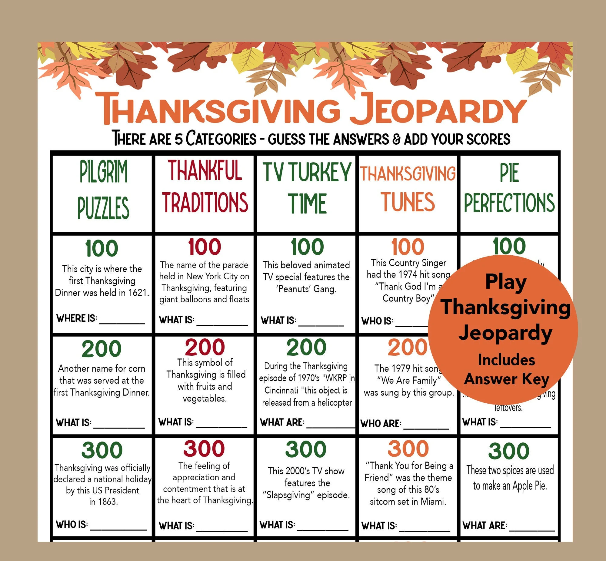 Thanksgiving Jeopardy Game Thanksgiving Trivia Game Activities For Adults Kids Seniors Game For Fall Harvest Game Quiz Printable Etsy