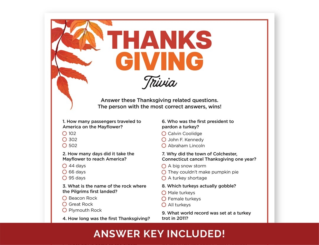 Thanksgiving Trivia Game Printable Quiz With Answers For A Family Or Classroom Thanksgiving Party Thanksgiving Activity For Adults Kids Etsy