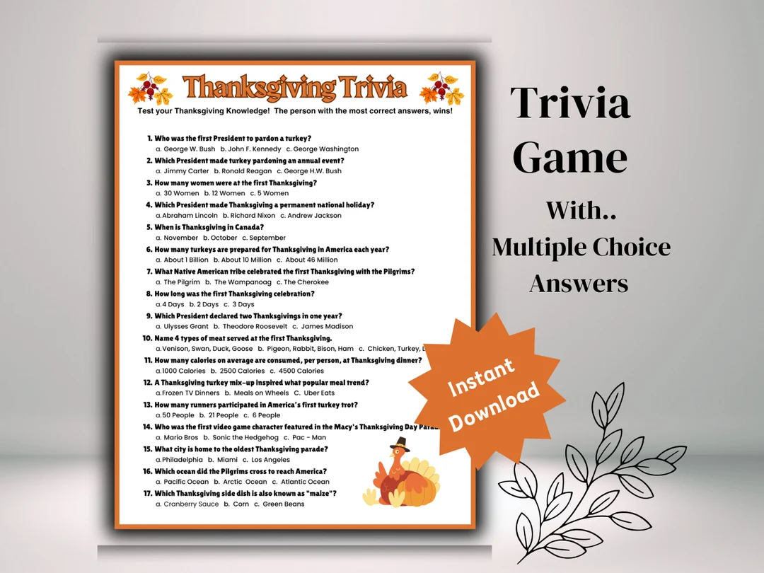 Thanksgiving Trivia Game Thanksgiving Trivia Night Thanksgiving Party Games Printable Games Thanksgiving Games Thanksgiving Trivia Etsy