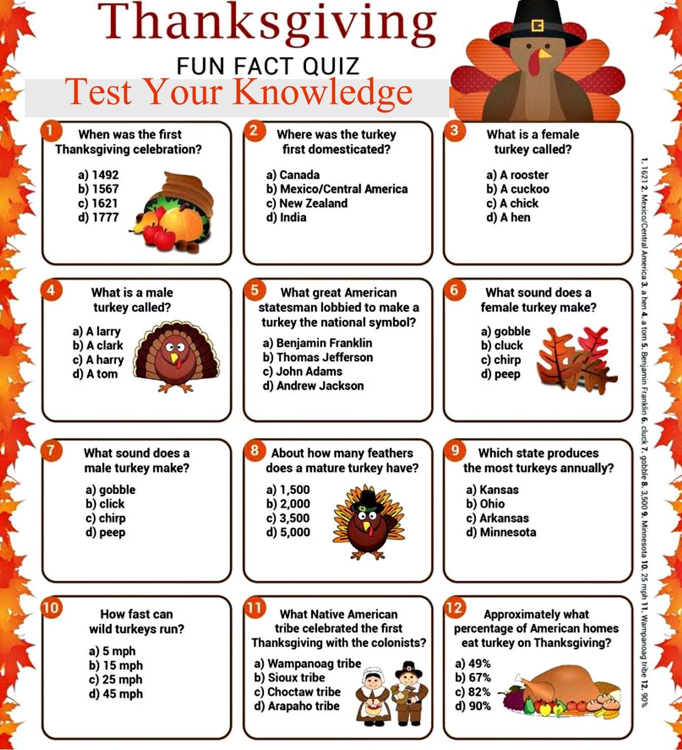 Thanksgiving Trivia Quiz Fun Facts Worksheets Library