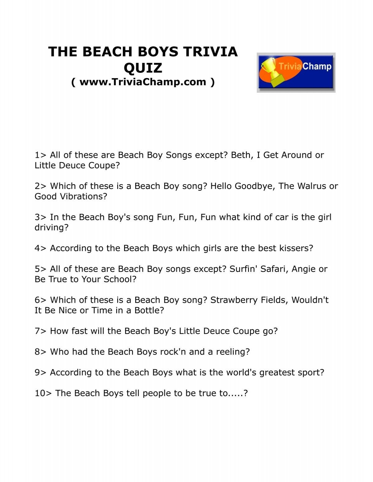 THE BEACH BOYS TRIVIA QUIZ Trivia Champ