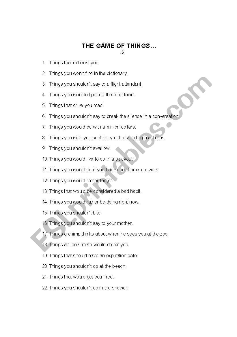 The Game Of Things ESL Worksheet By Fujdi