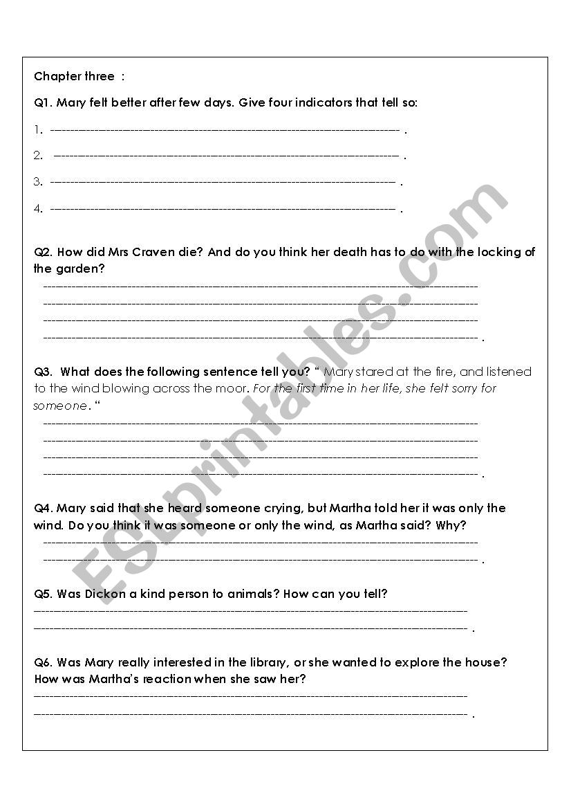 Secret Garden Questions Printable