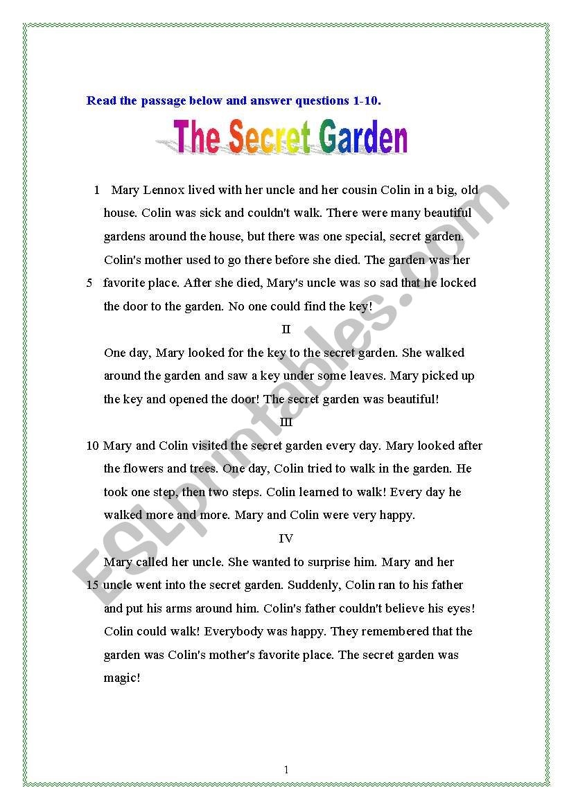 The Secret Garden ESL Worksheet By Abeer13