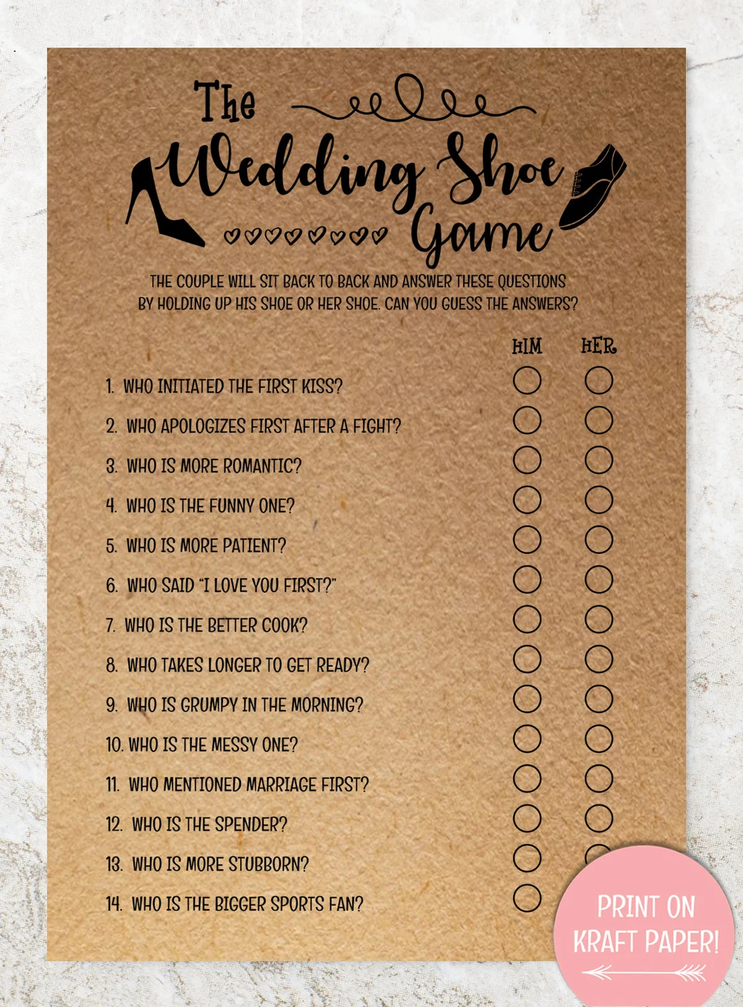 The Wedding Shoe Game Bridal Shower Games Wedding Shower Games Bridal Shower Print Bridal Shower Printable Games Printable Games Etsy