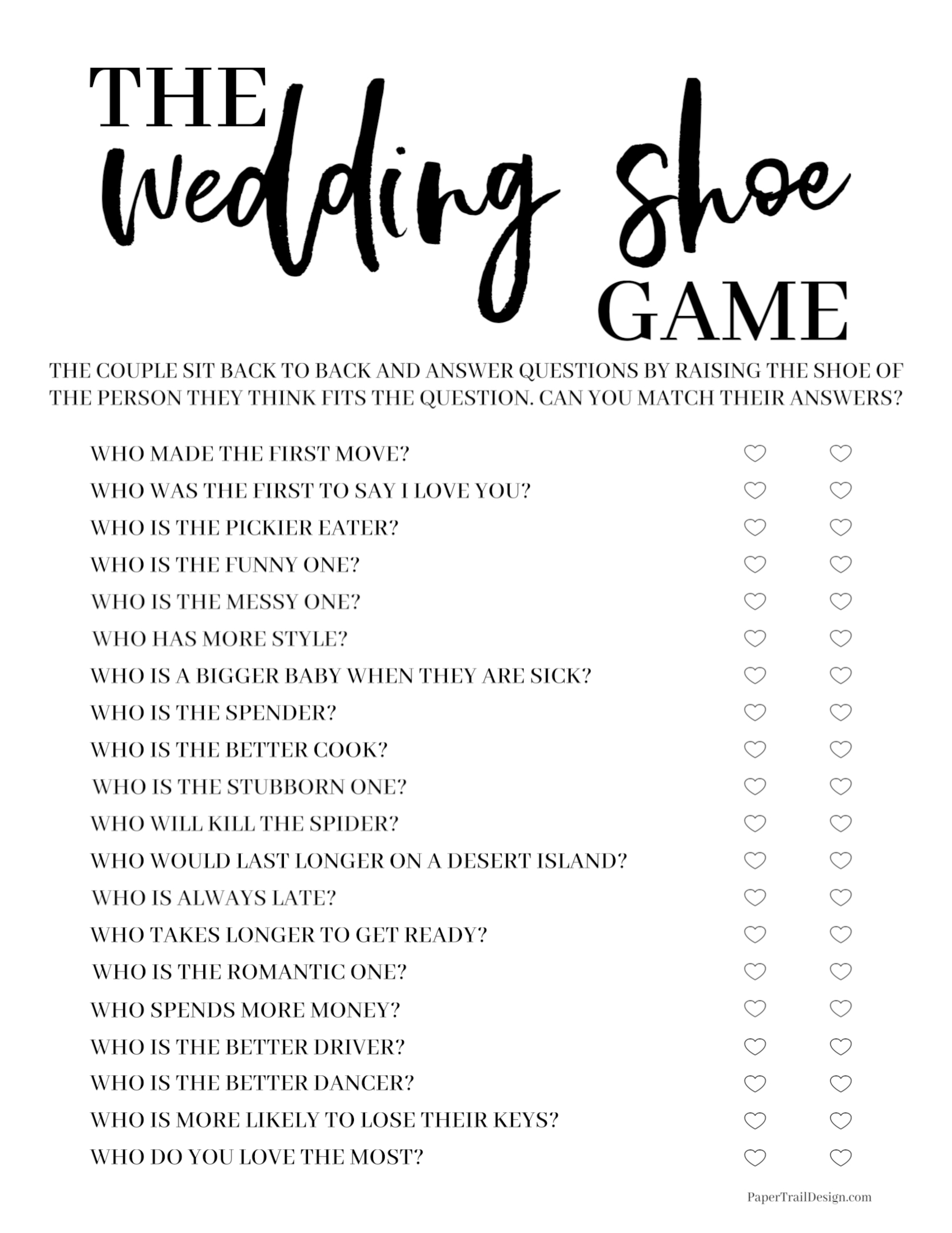 the wedding shoe game free printable paper trail design