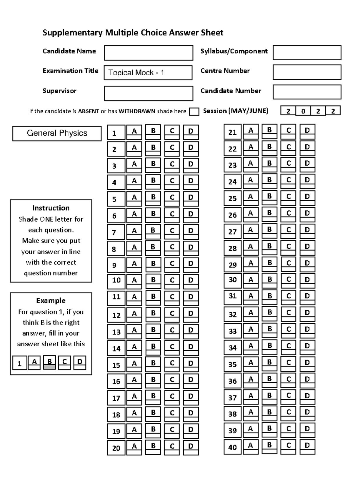 TM1 Supplementary MCQ Answer Sheet For General Physics Exam Studocu