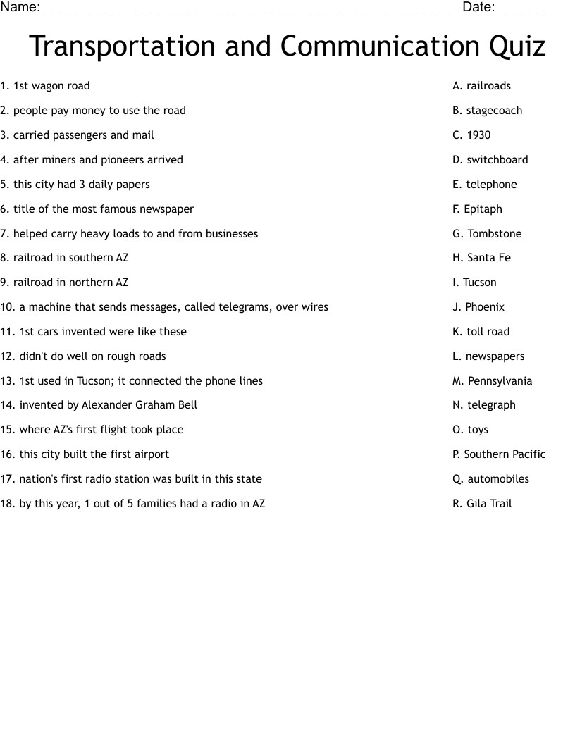 Transportation And Communication Quiz Worksheet WordMint