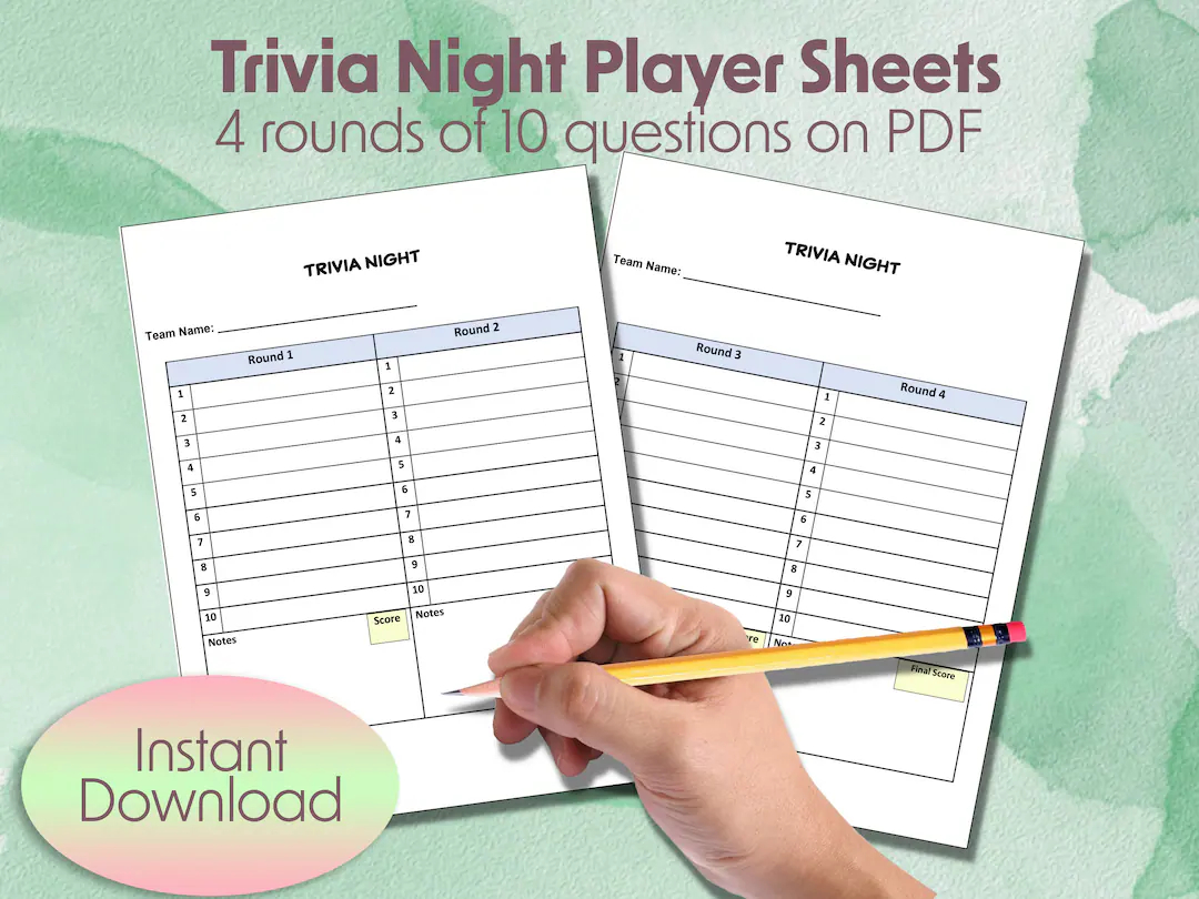Trivia Answer Sheet Printable PDF 4 Rounds Of 10 Questions Blank Answer Sheet For Trivia Night Trivia Host Tools Etsy