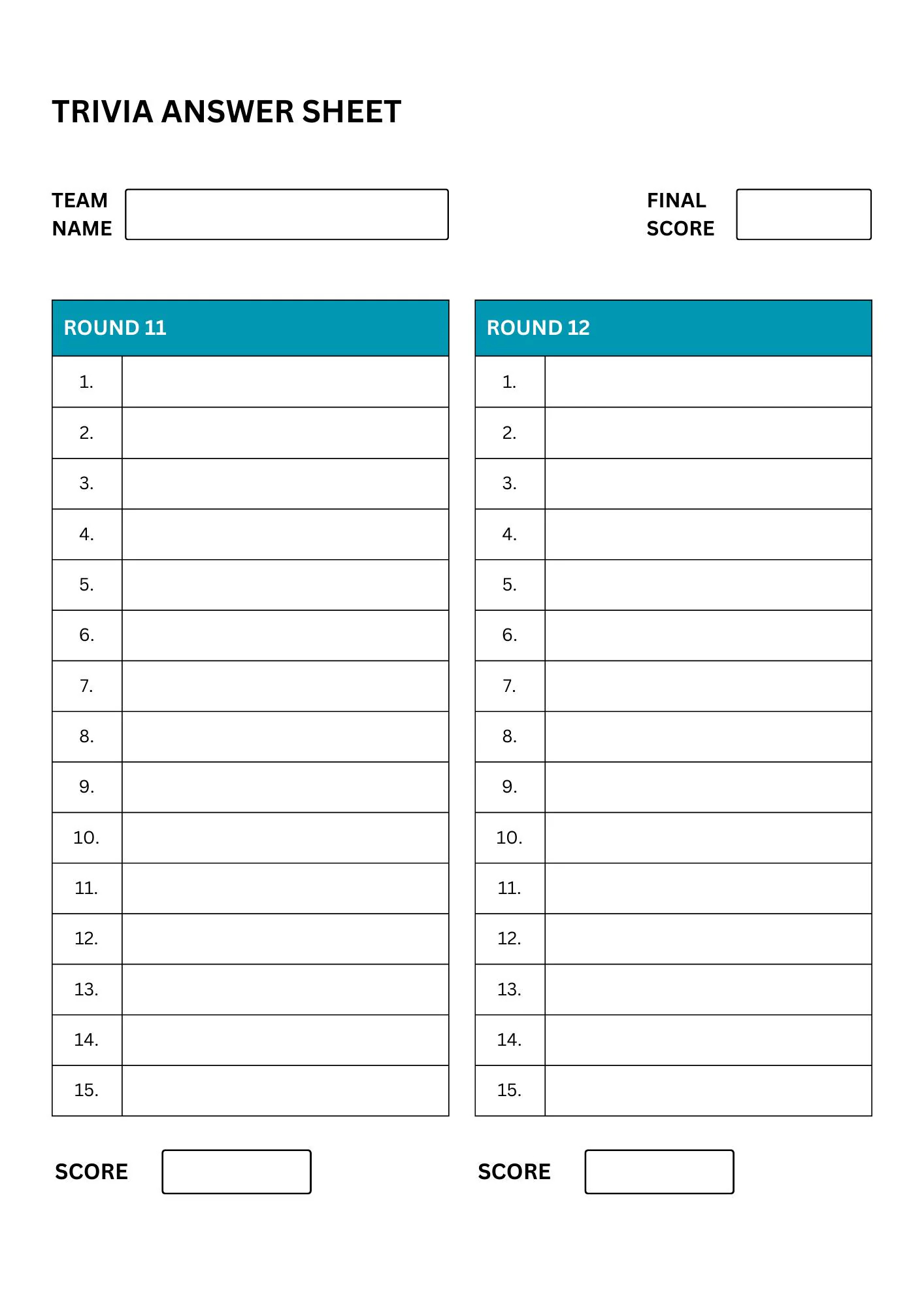 Trivia Answer Sheets 15 Question Quiz Game Night PDF Pattern Etsy