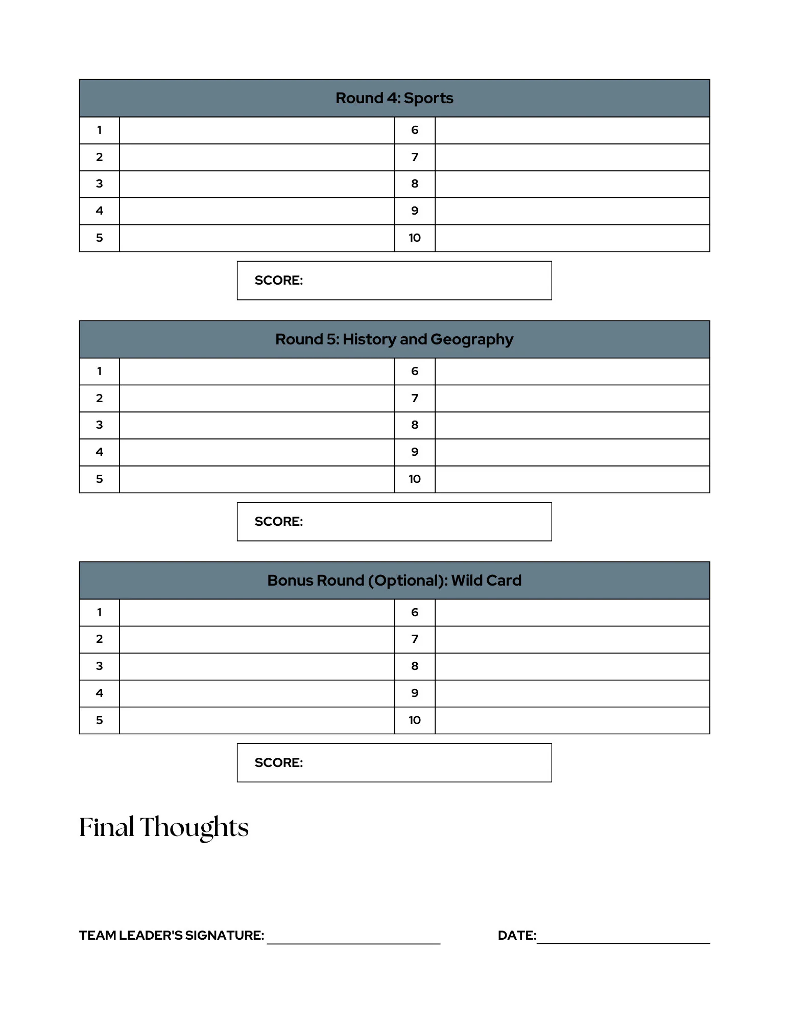 Trivia Answer Sheets Printable Quiz Sheets For Game Nights Fun Family Activity Instant Download Etsy