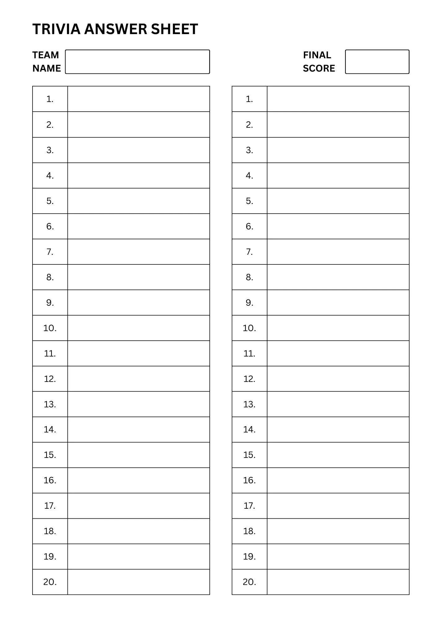 Quiz Answer Sheets Printable