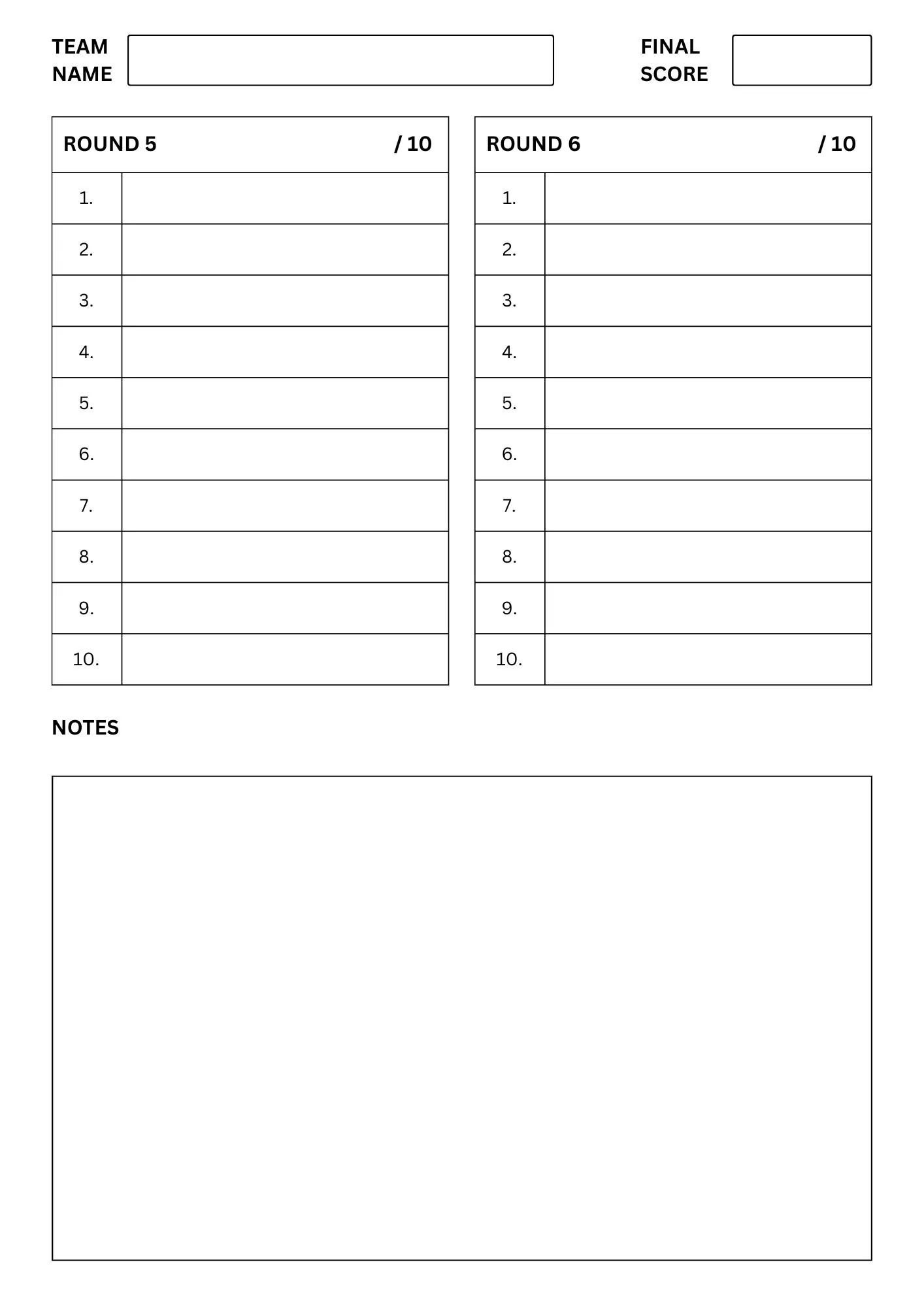Printable Table Quiz Answer Sheets