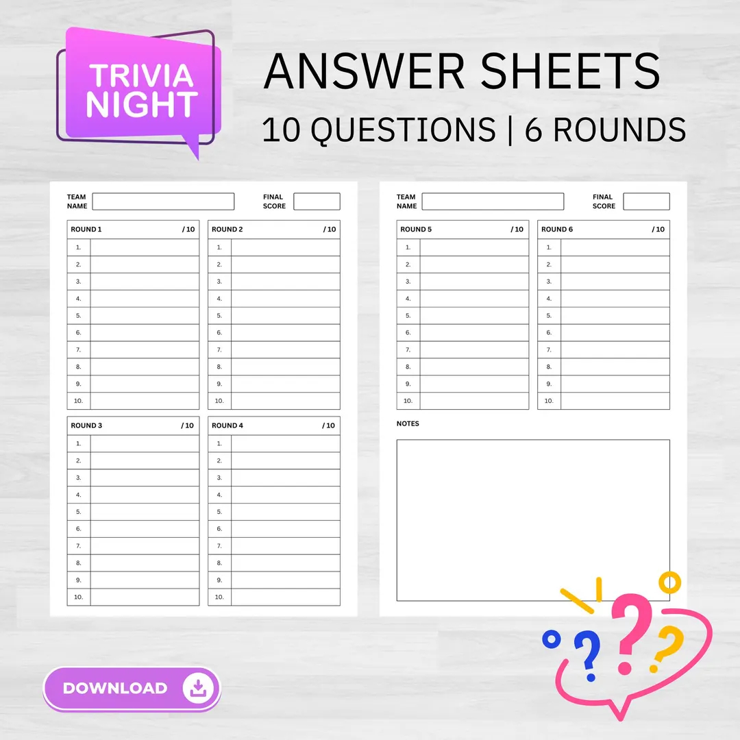 Trivia Answer Sheets Trivia Quizzes Trivia Night Printable Trivia Answer Sheets Game Nights Party Games Australia Trivia Etsy