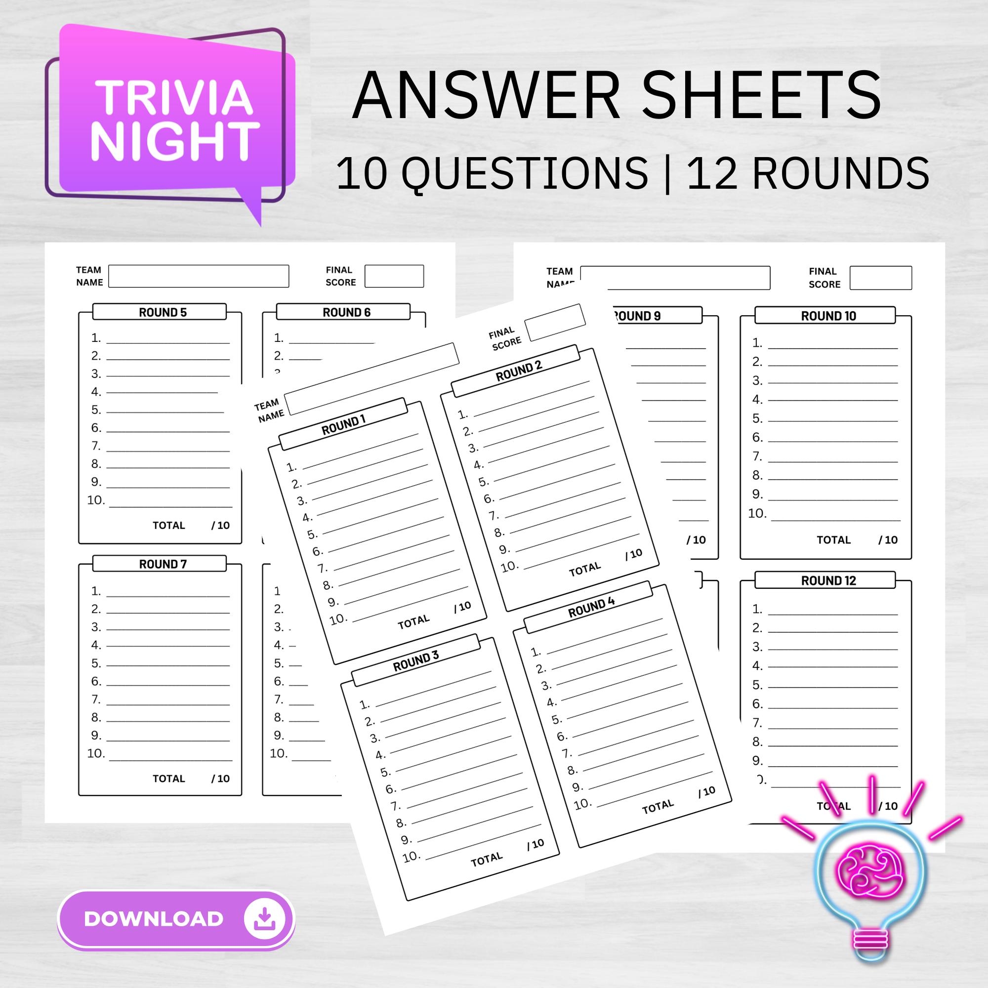 Trivia Answer Sheets Trivia Quizzes Trivia Night Printable Trivia Answer Sheets Game Nights Party Games Trivia Printables Etsy