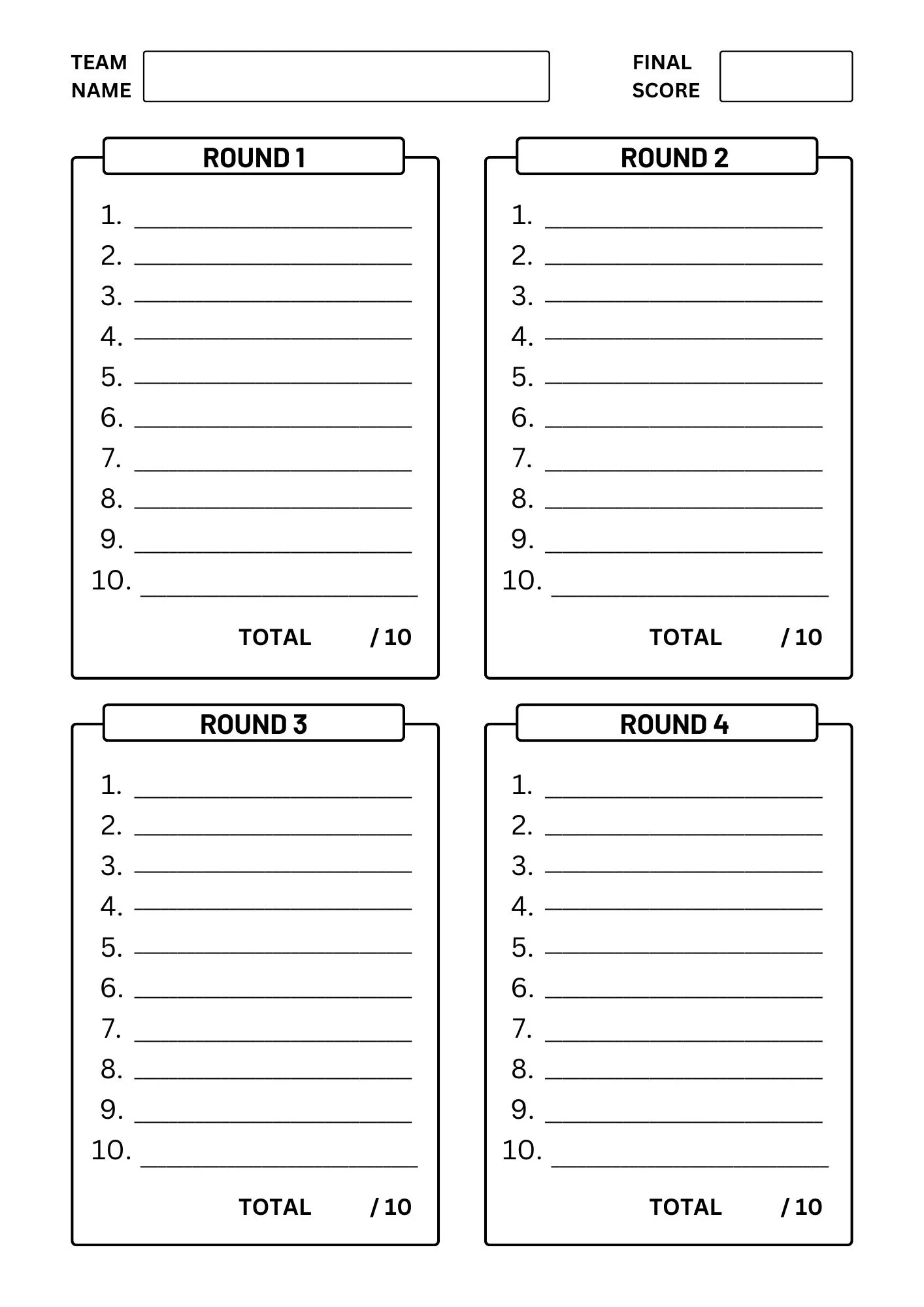Trivia Question Answer Sheet Printable
