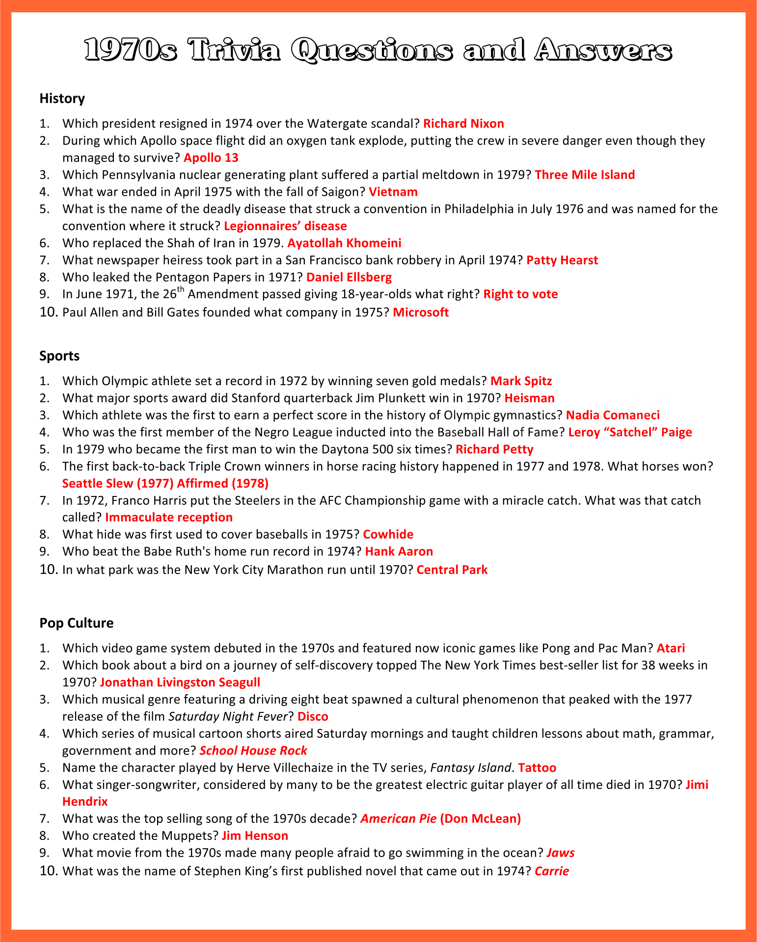 Printable Trivia Questions for Seniors with Answers