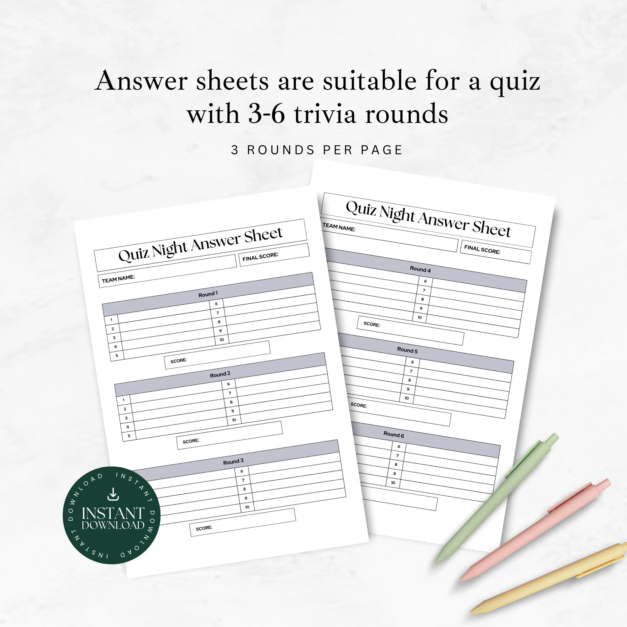 Trivia Night Answer Sheet Printable Pub Quiz Sheets 3 6 Rounds Games Night Ideas Trivia Worksheets For Players Downloadable Pdfs Etsy