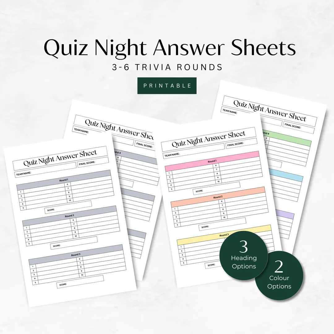 Trivia Night Answer Sheet Printable Pub Quiz Sheets 3 6 Rounds Games Night Ideas Trivia Worksheets For Players Downloadable Pdfs Etsy