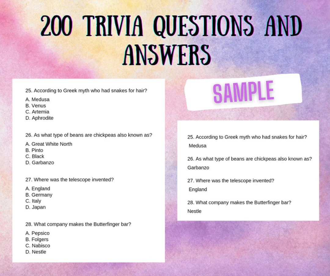 trivia questions 200 quiz questions with answers book fun memory challenging games book printable trivia quiz worksheets etsy