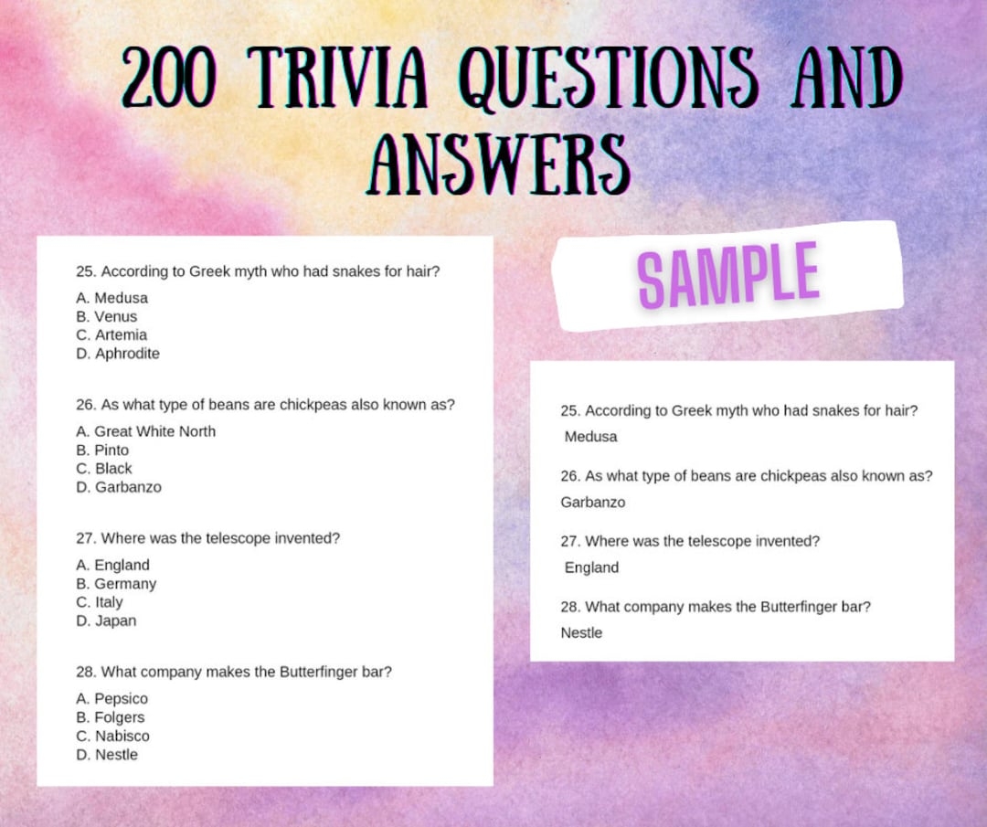 Trivia Questions 200 Quiz Questions With Answers Book Fun Memory Challenging Games Book Printable Trivia Quiz Worksheets Etsy