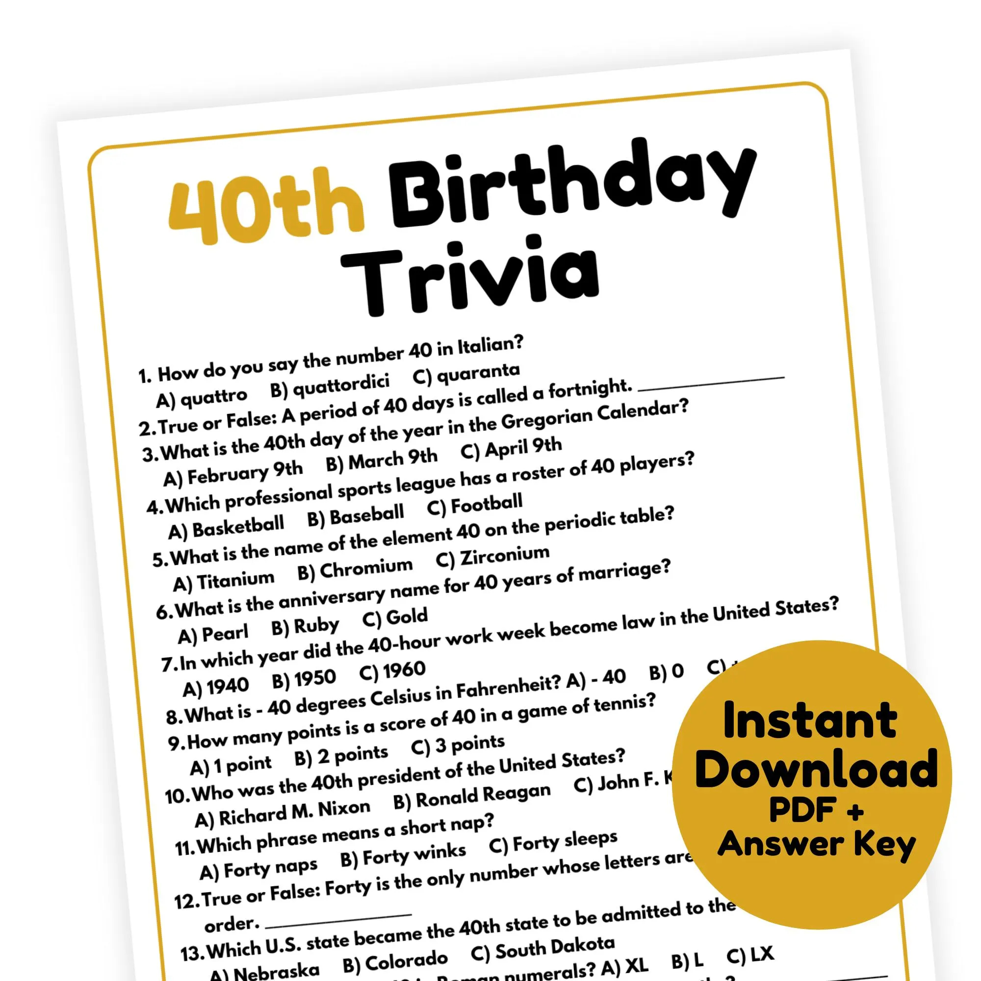 Trivia Questions For 40th Birthday Etsy