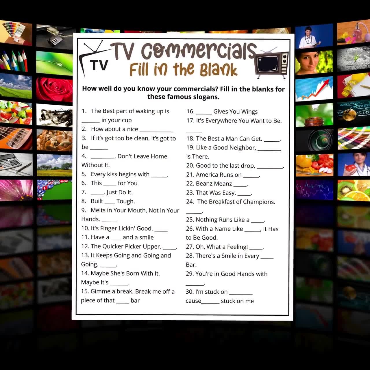TV Commercial Trivia Game Ad Slogan Fill In The Blank Quiz Printable Game For Kids Adults family Game Movie Night Office Party Fun Etsy