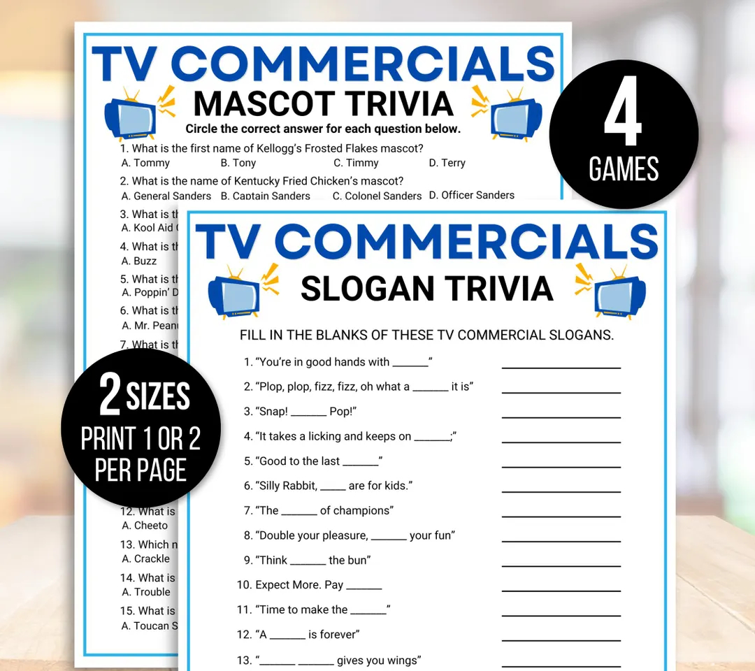 TV Commercial Trivia Game TV Slogans Trivia Game TV Commercial Match Up Ads Trivia Game Television Game Night Game Office Party Game Etsy