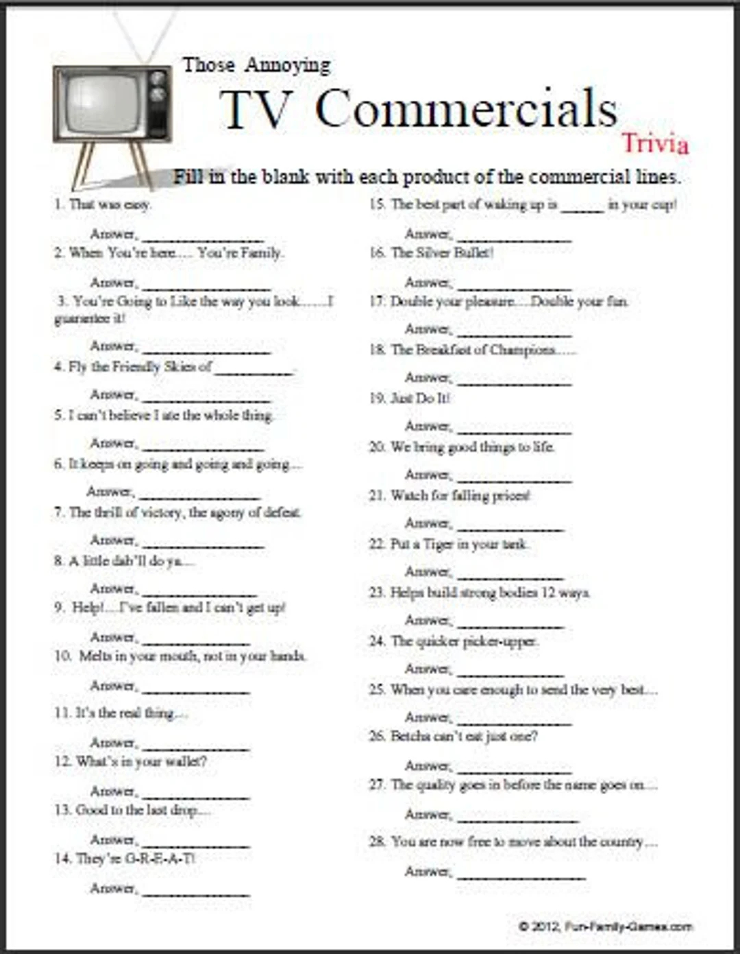 TV Commercials Trivia Etsy